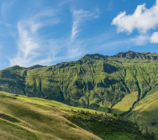 Grüne Bergwiesen mit Panorama bei Sonnenschein